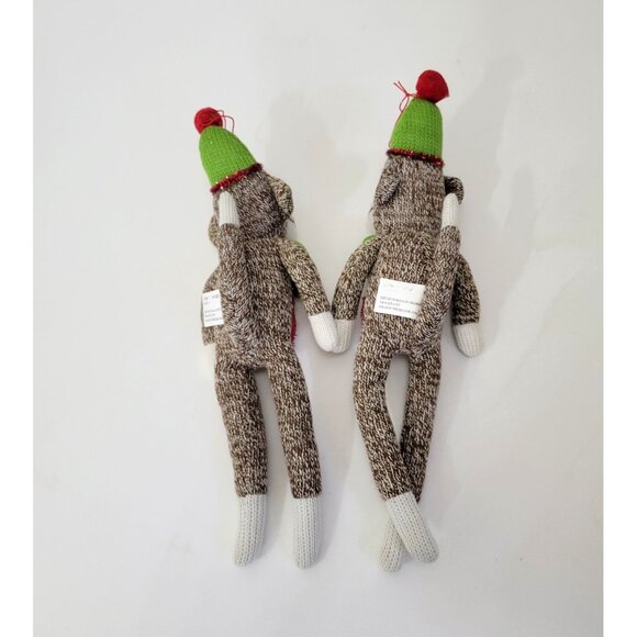Sock Monkey Ornaments With Green Christmas Hats & Bow Ties, Set of Two - Picture 3 of 6